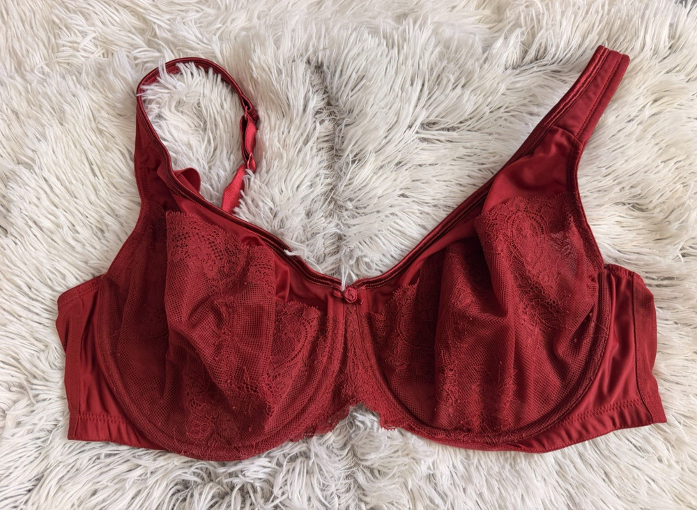 Women's Plus Size 44DD Serenada Red Lace Unlined Full Coverage T-Shirt Bra Wire
